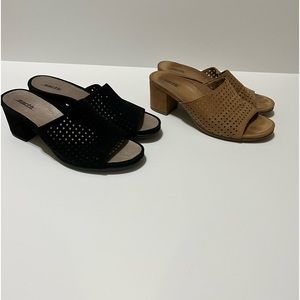 New Earth suede leather slides , 2 pair , 1 black 1 tan